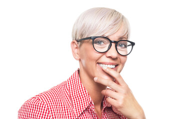 Charming closeup smiling adult woman with her fingers on lips. Smile expression face of pretty middle aged woman, isolated on white background.