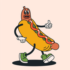 Retro hot dog character in a playful cartoon style with smiley face and lively walking pose. Groovy food illustration for stickers, branding, menus and fun vintage themed designs