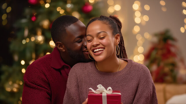 Happy African American couple celebrating Christmas. Romantic man kissing smiling woman holding a red gift box. Holiday love and relationship concept