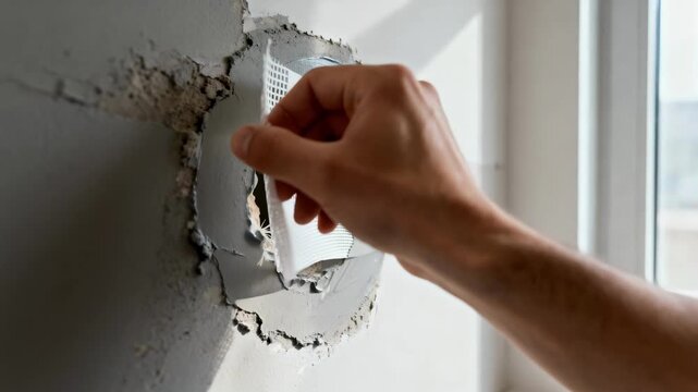 Closeup of a person applying mesh patch on a drywall hole showing detailed texture and smooth repair process in an indoor setting.
