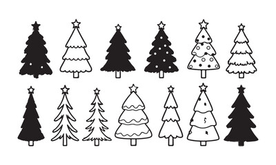 Christmas tree outline drawing icon collection, set of Christmas tree flat icon, xmas pine tree line art, Christmas tree flat silhooutee.