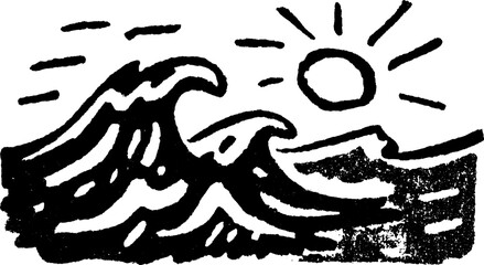 Obraz premium Wave and sun silhouette in black outline drawing. Simple illustration showcasing nature and ocean elements in a hand-drawn vector style.
