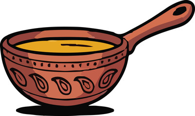 Soup in various bowls and pots on a kitchen table with utensils and pottery objects