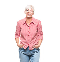 Cheerful adult smiling woman, isolated on white background. Portrait of excited middle aged woman yelling with fun emotion.