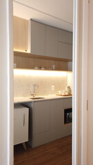 Small Kitchen in light colors Reflected in Decorative Boiserie Mirror. Studio apartment
