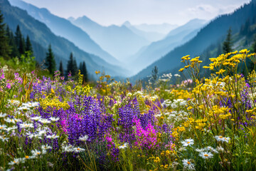 Obraz premium Vibrant wildflowers blooming in a mountain valley with layers of misty peaks creating a serene and colorful summer landscape scene