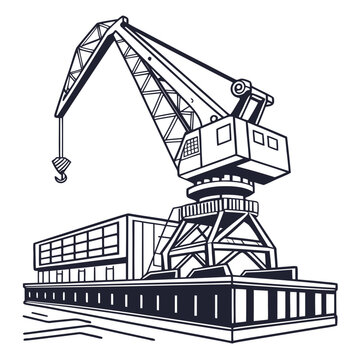 Industrial dockside scene with a large loading crane and warehouse building in a stylized line art drawing