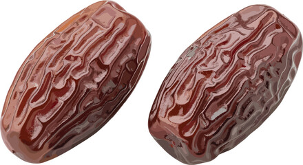 Two glossy dried dates with wrinkled texture, reddish-brown color, isolated on white background for healthy snack illustration