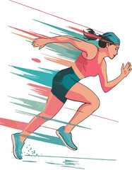Young woman athlete running on a treadmill in a sporty cartoon vector illustration