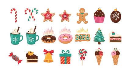 Festive Treats and Delights: An array of delightful sweets and treats, including gingerbread figures, candies, ice cream cones and star-shaped cookies. Evoking the cheer of seasonal celebration