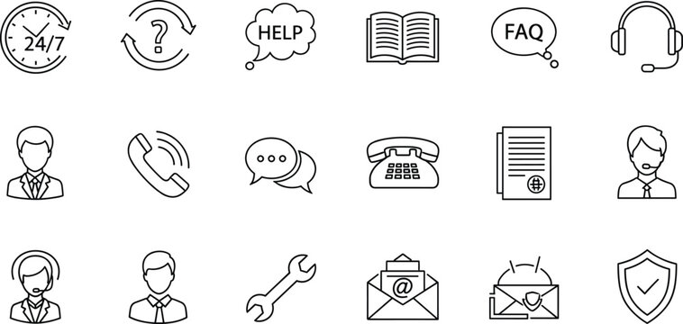 Customer support icon vector set, black-and-white line symbols for service, communication, and technical assistance