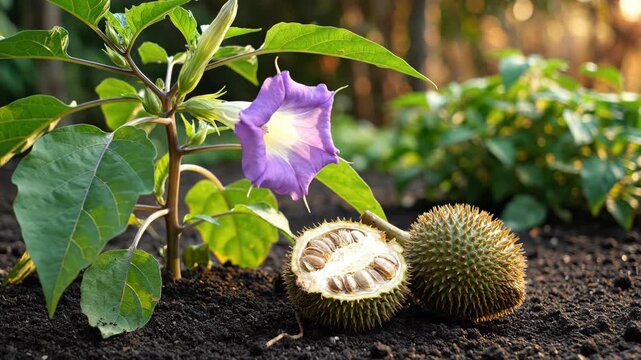 Jimsonweed plant with purple flower spiky seed pods against a garden  backdrop One pod is split open to reveal seeds
