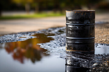 Black crude oil barrel and reflective oil spill with a dark. Park blur background
