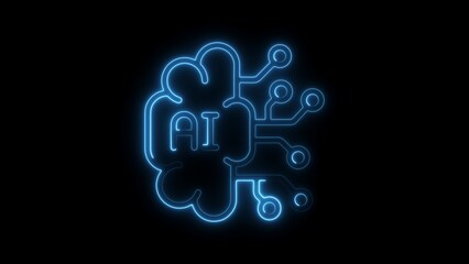 Blue neon A I brain circuit icon on black background artificial intelligence technology