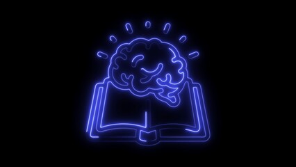 Blue neon brain icon glowing above open book on black background light
