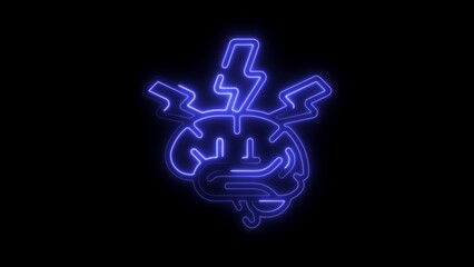 Blue neon brain with lightning bolts on black background image