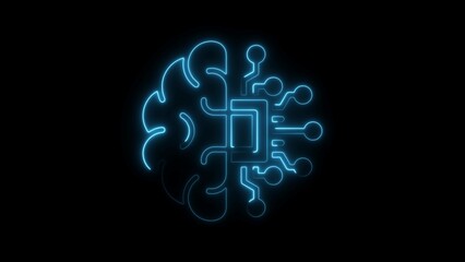Blue neon outline of a brain integrated with a computer chip and circuits on a black background technology