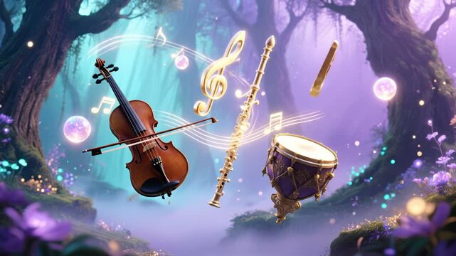 Musical instruments floating in a magical forest with vibrant colors and musical notes