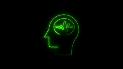 Green neon outline of human head with brainwave activity inside on black background human head outline