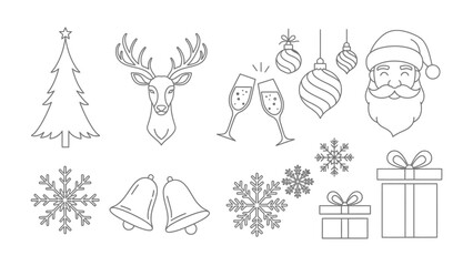 Holiday Icon Collection: A set of charming and festive holiday-themed icons, including a decorated Christmas tree, reindeer, champagne glasses, Santa Claus, snowflakes, bells, Christmas ornaments.