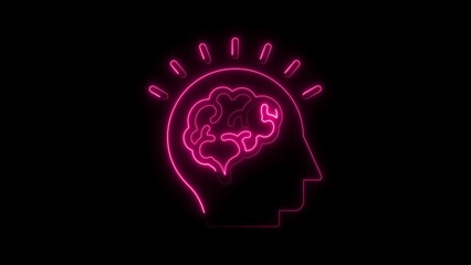Pink Neon Head Silhouette with Brain and Light Rays on Black Background mind idea