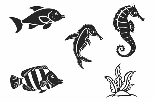 Minimalist damselfish icon set in black and yellow