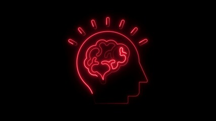 Red neon silhouette of a human head with a brain and radiating light rays on a black background head silhouette