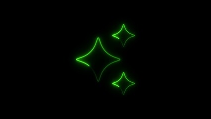 Three Bright Green Neon Starburst Shapes Glowing on Black Background sparkle light