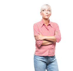 Annoyed adult woman, isolated on white background. Displeased middle aged woman with arms crossed. Copy space.