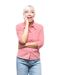 Close up surprised face of woman, isolated on white background. Astonished middle aged woman. Amazement concept. Copy space.