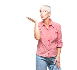 Adult woman holding free advertising space for your product on his palm, isolated on white background. Copy space.