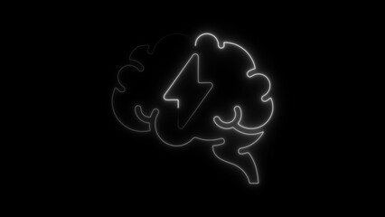 White neon outline of a human brain with a lightning bolt inside on a black background image