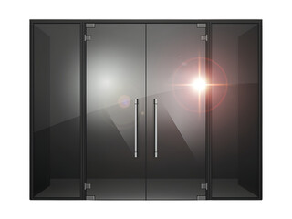 Modern 3d render of a glass and steel door in an empty office building corridor with light