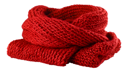 Warm knitted red scarf folded neatly isolated on white background
