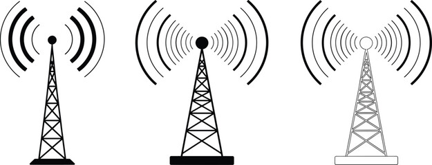 Black and White Silhouettes of Radio Transmission Towers with Signal Waves Keywords: radio, transmission, tower, antenna, signal