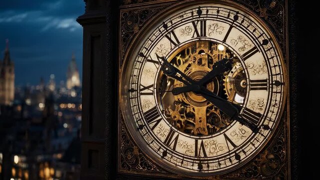 Illuminated Clock Face of Big Ben at Night in London.