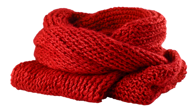 Warm knitted red scarf folded neatly isolated on white background