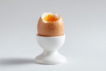 Delicate soft-boiled egg resting in a white egg cup with a slightly cracked shell showing golden yolk