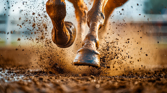 Action shot of a horse galloping through a muddy track