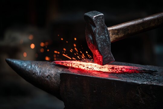 Blacksmith works on a red-hot metal object, sparks flying into the air. Close-up
