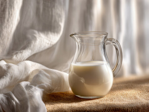 A clear glass pitcher filled with fresh milk set on a textured burlap surface with soft natural fabric draped in the background creating a warm cozy atmosphere