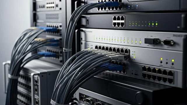 Network Server Room with Connected Cables and Equipment.