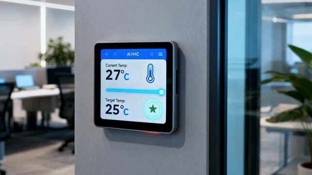 Medium shot of a smart AI HVAC system interface displaying realtime temperature adjustments for energyefficient heating and cooling in a modern office space.