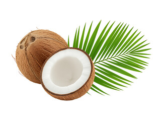 A fresh brown coconut with green leaves styled in a natural still-life scene