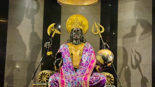 A beautifully crafted idol of Shani Dev seated in a divine posture, adorned with a golden halo, trishul, and colorful floral shawl. The image highlights the aura of discipline, justice,
