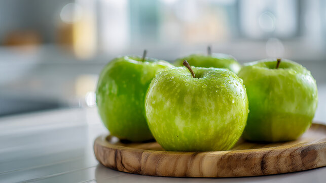 Fresh green apples with water droplets arranged on a wooden serving board in a bright modern kitchen setting with soft natural light and blurred background