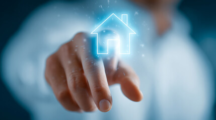Person touching glowing digital house icon representing smart home technology and futuristic real estate concept with blurred background