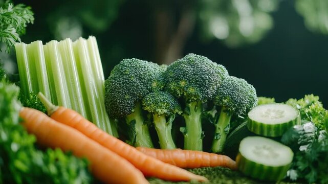 Video A colorful display of fresh vegetables on a table, including broccoli, carrots, cucumbers, and celery