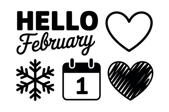Hello February graphic with a snowflake, calendar, and hearts symbolizing winter. - Powered by Adobe