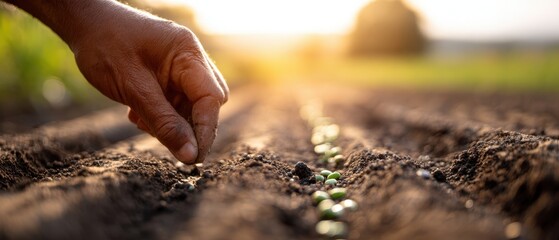Fototapeta premium The Hand Planting Tiny Green Seeds in Fresh Soil Rows at Golden Sunrise